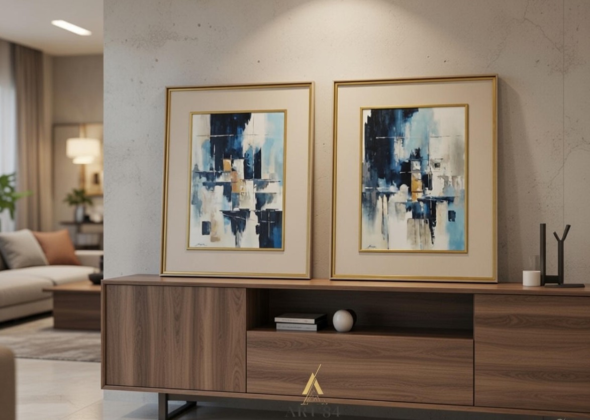 Conjunto de quadros 80X100 com fundo em papel de parede e pintura a mão em alto relevo.